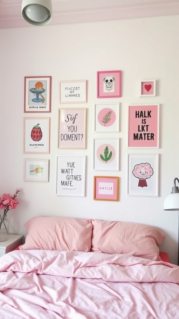 A pink-themed gallery wall with various framed artworks and prints above a pink bedding set.