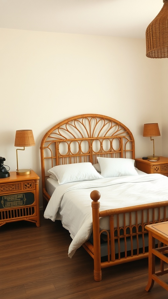 A cozy 1970s boho bedroom featuring rattan and wicker furniture.