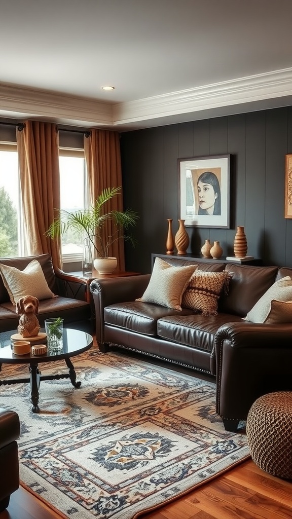 A cozy living room featuring rich chocolate colored furniture, warm earth tones, and decorative elements.