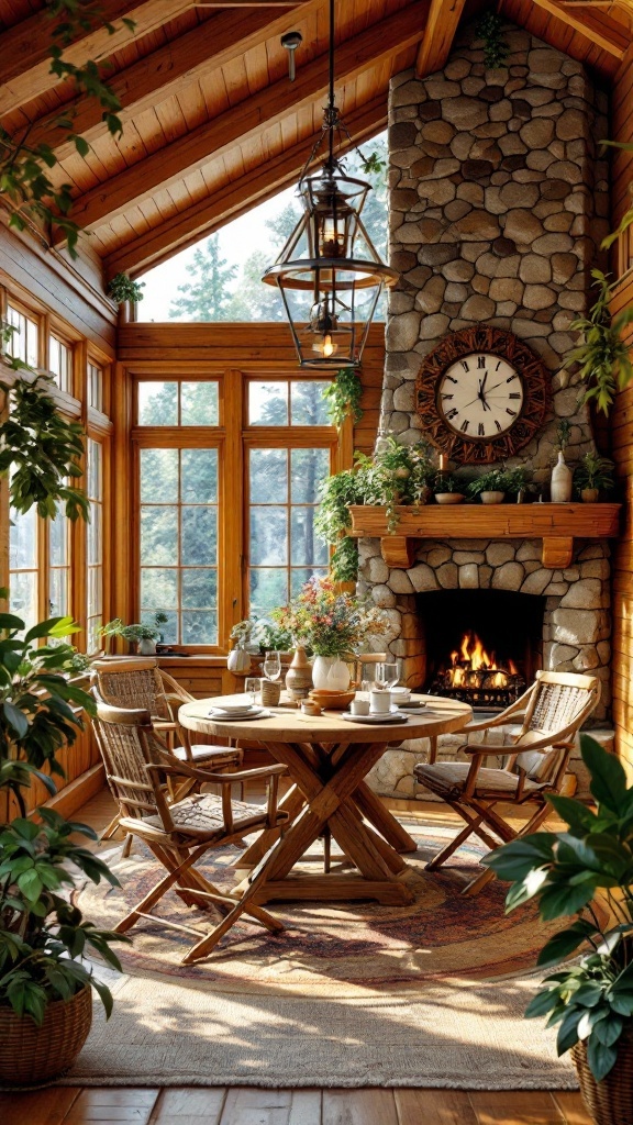 A rustic sunroom with a wooden dining table, stone fireplace, and large windows.