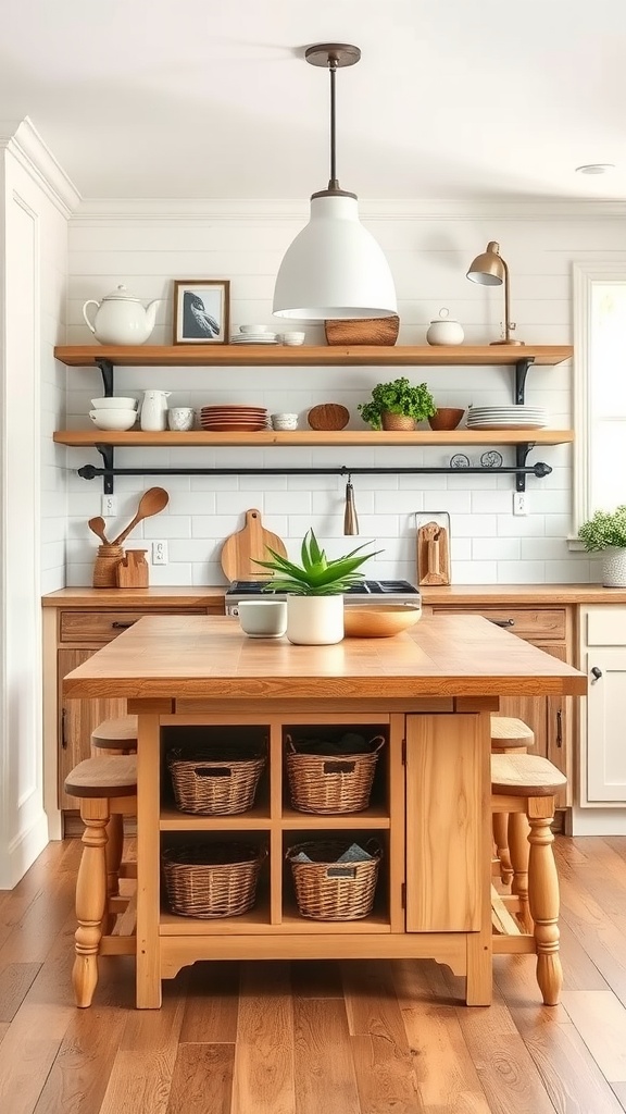 Rustic kitchen island with open shelving and wooden accents.