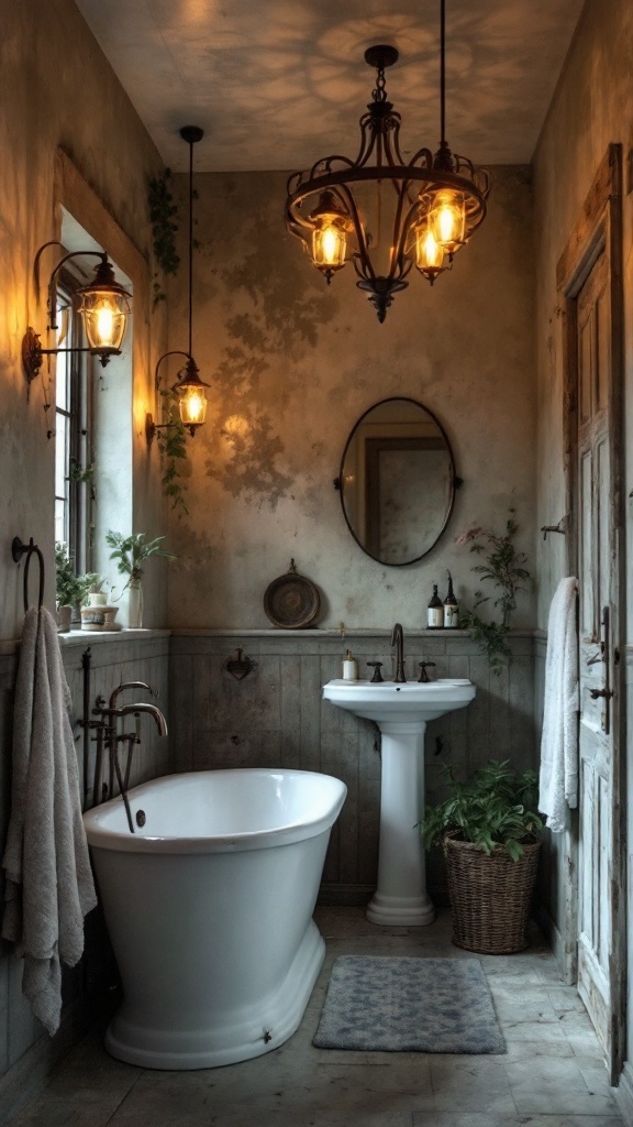 A rustic bathroom featuring warm lighting with vintage-style fixtures.
