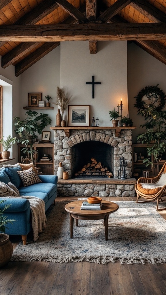 Cozy rustic living room featuring a blue sofa, stone fireplace, and wooden beams.