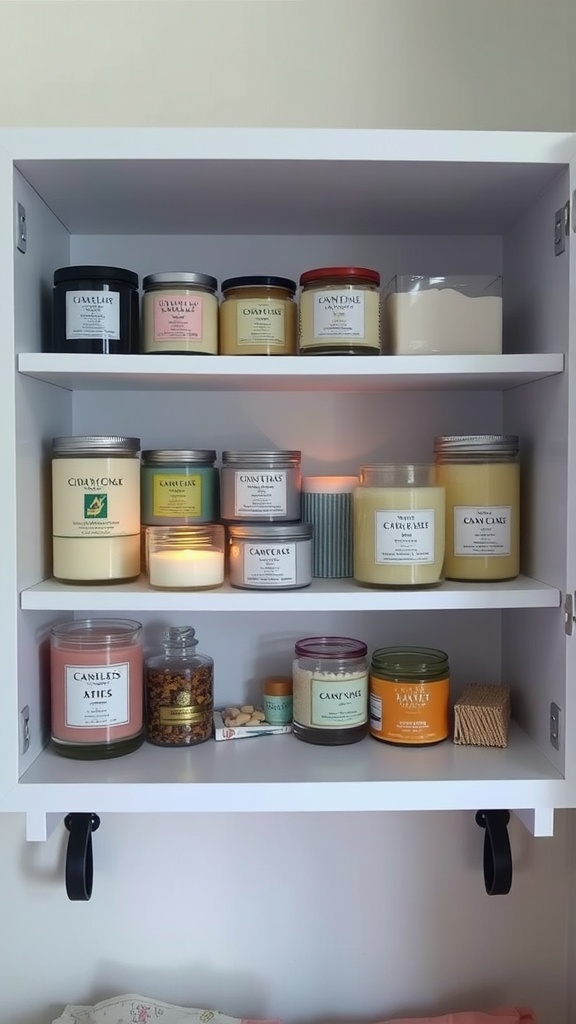 Shelves with various scented candles neatly arranged