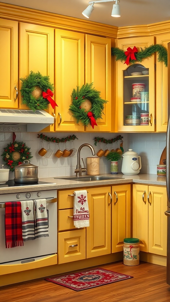 A cozy kitchen featuring butter yellow cabinets decorated for the holidays with wreaths and festive towels.