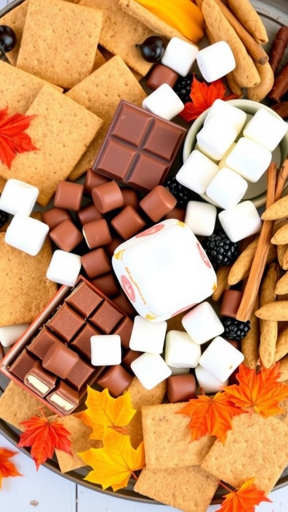 A Seasonal S'mores Charcuterie Board featuring graham crackers, chocolate, marshmallows, and pumpkins.