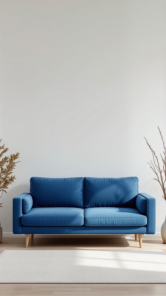 A blue sofa in a minimalist living room with a light background and simple decor