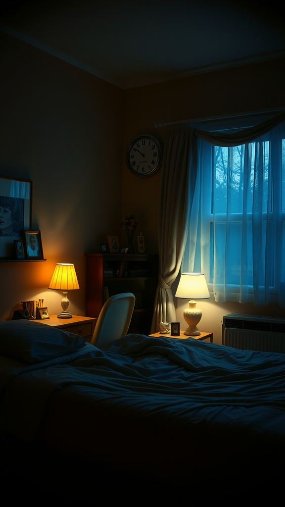 A softly lit boho style bedroom with warm lighting and delicate curtains.