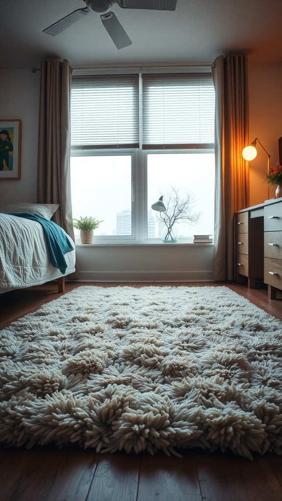 A cozy dorm room with a soft, fluffy rug underfoot, adding warmth and comfort to the space.