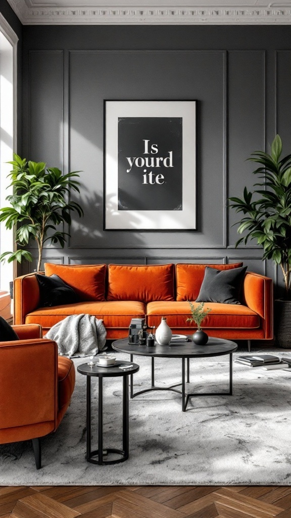 A living room featuring an orange velvet sofa, dark gray walls, and black furniture accents.