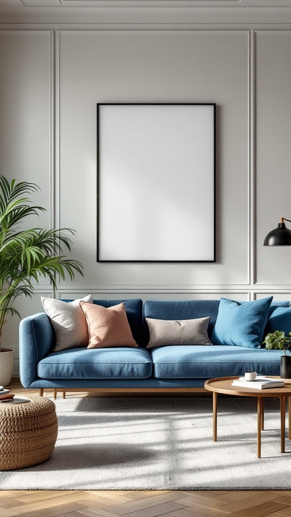 Living room featuring a blue sofa with neutral decor and cozy accents.