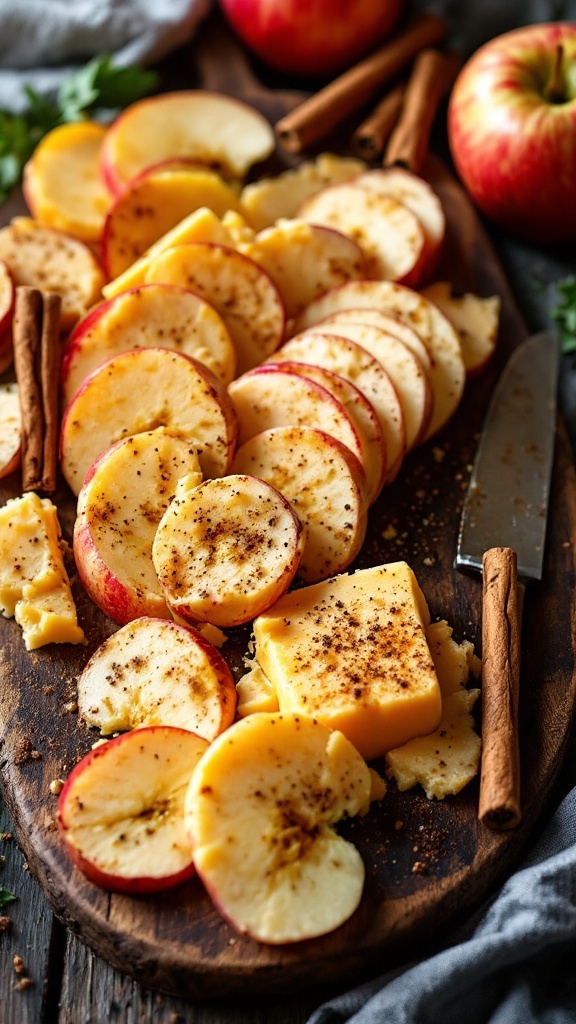 Sliced spiced apples and cheddar cheese on a wooden board
