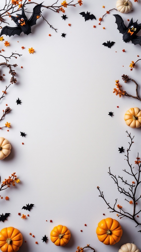 A flat lay of spooky seasonal decor including pumpkins, bats, and autumn leaves.