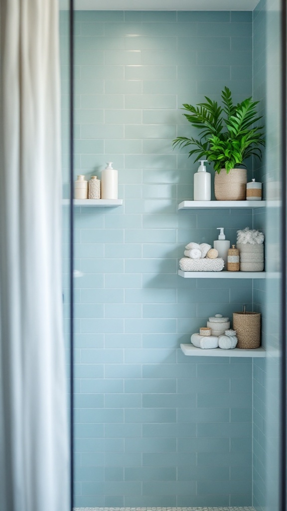 Stylish shower with shelves displaying cute organizers and a plant.