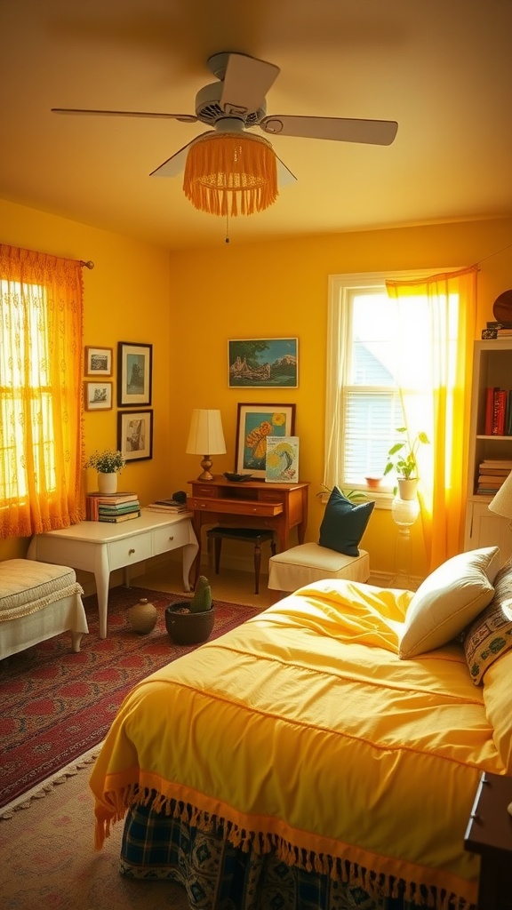 A cozy bedroom featuring yellow accents with a bed spread, curtains, and decor.