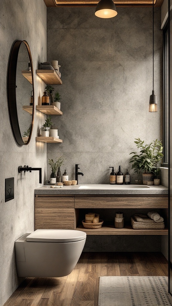 Modern rustic bathroom with sustainable materials and plants.