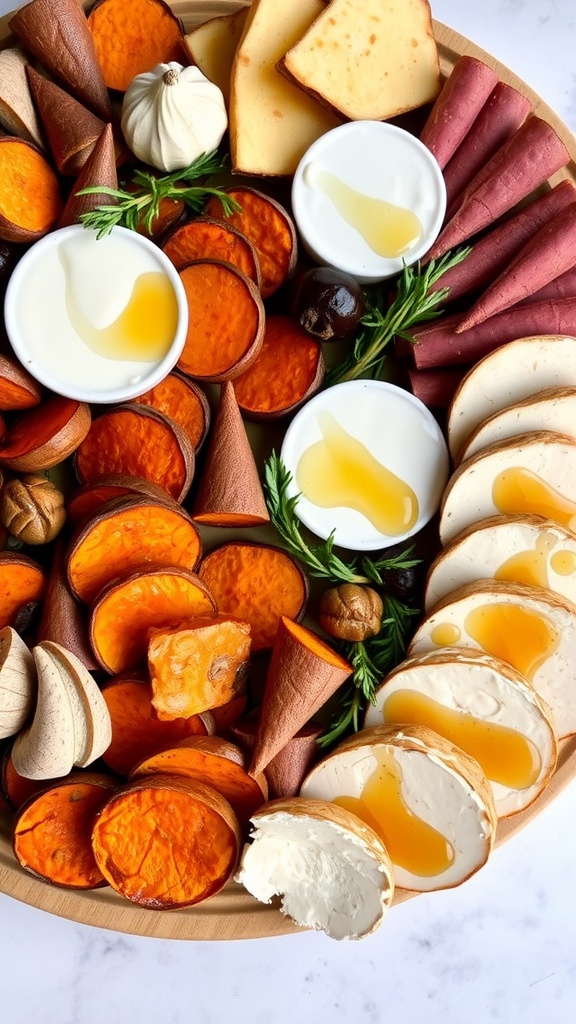 A close-up of roasted sweet potatoes, goat cheese, and various garnishes.