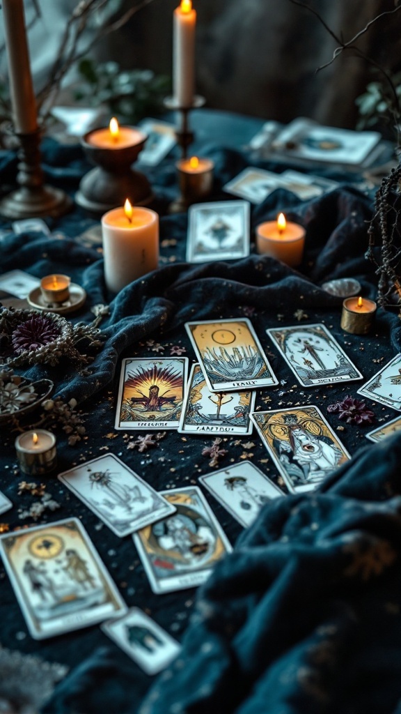 A display of tarot cards on a dark cloth with candles and decorative elements.