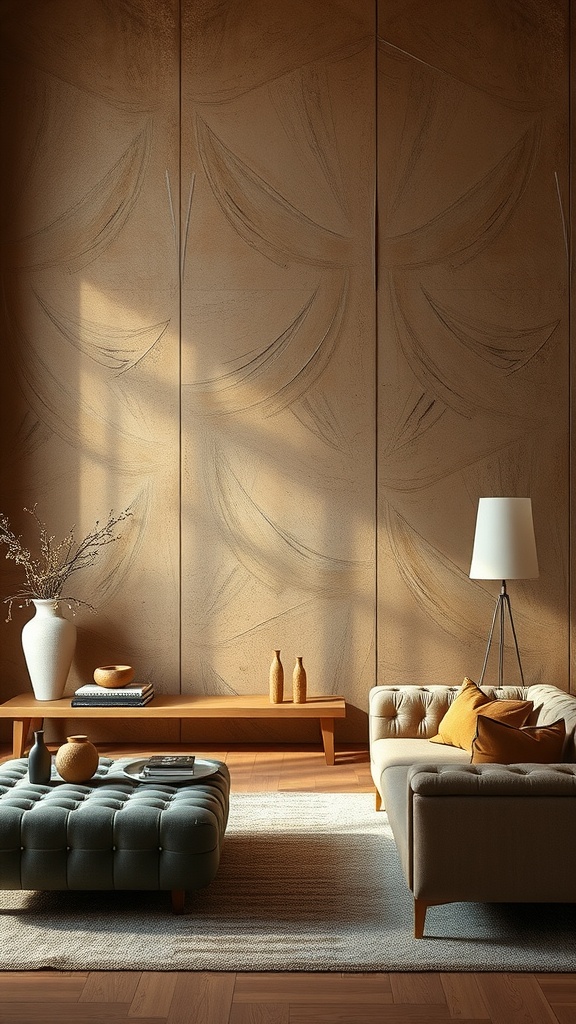 Cozy living room with textured brown wall treatments and earthy tones.