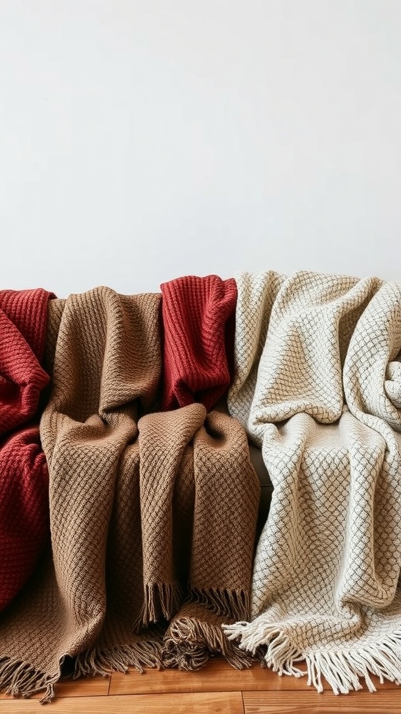 Various textured throw blankets in brown, cream, and red colors