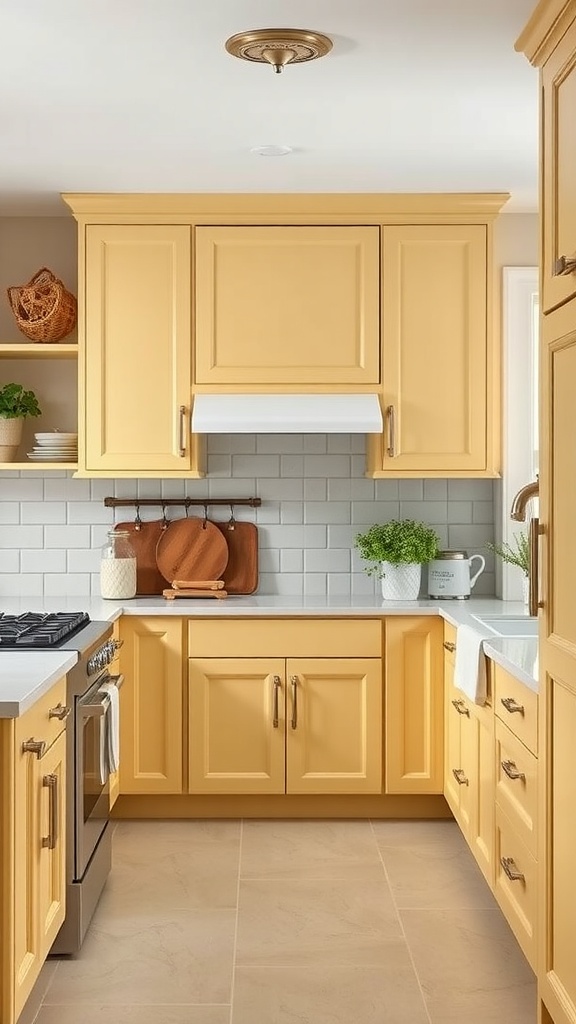 A bright and cheerful kitchen with butter yellow cabinets and modern appliances.