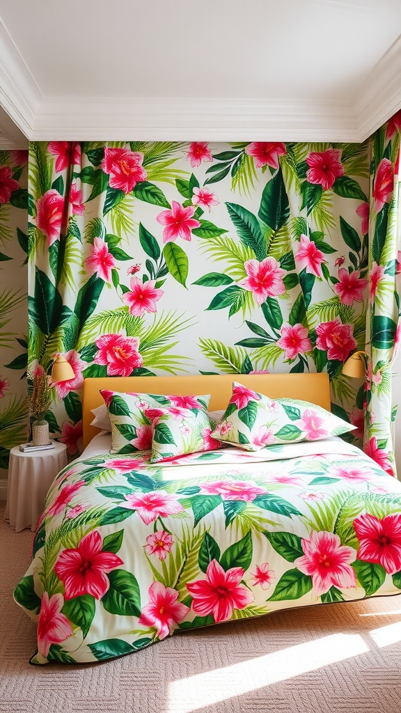 A preppy pink bedroom featuring tropical floral patterns with bright pink flowers and green leaves.
