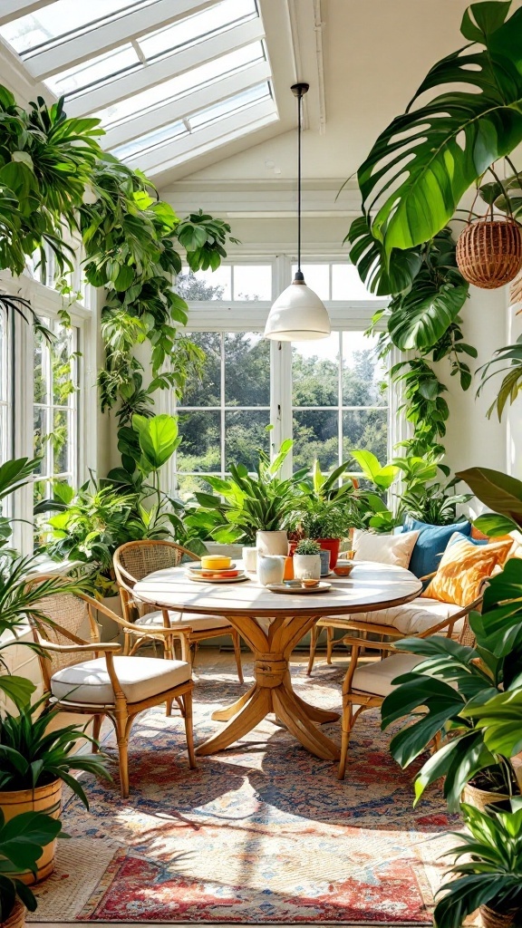A sunroom dining area with a round table surrounded by plants and colorful cushions.