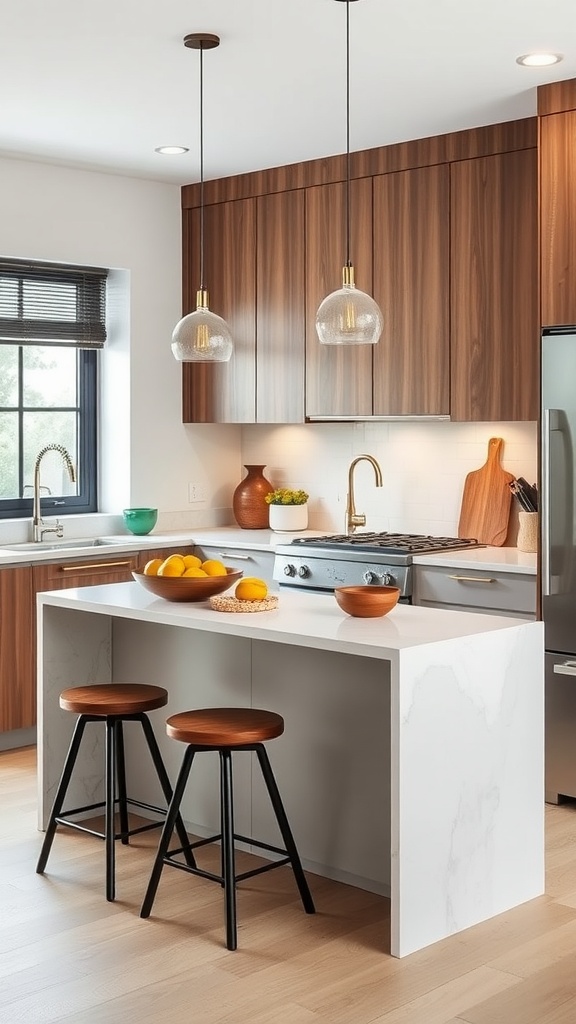 A modern kitchen featuring a two-tiered island with a marble countertop and wooden stools.