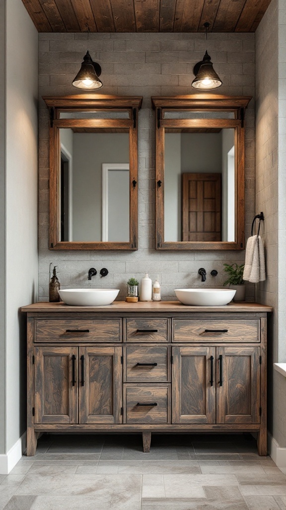 A rustic bathroom with a wooden cabinet, two round sinks, and wooden framed mirrors.