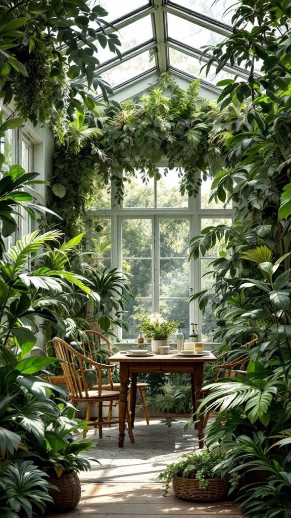 A sunroom dining area filled with greenery and a wooden table set for a meal.