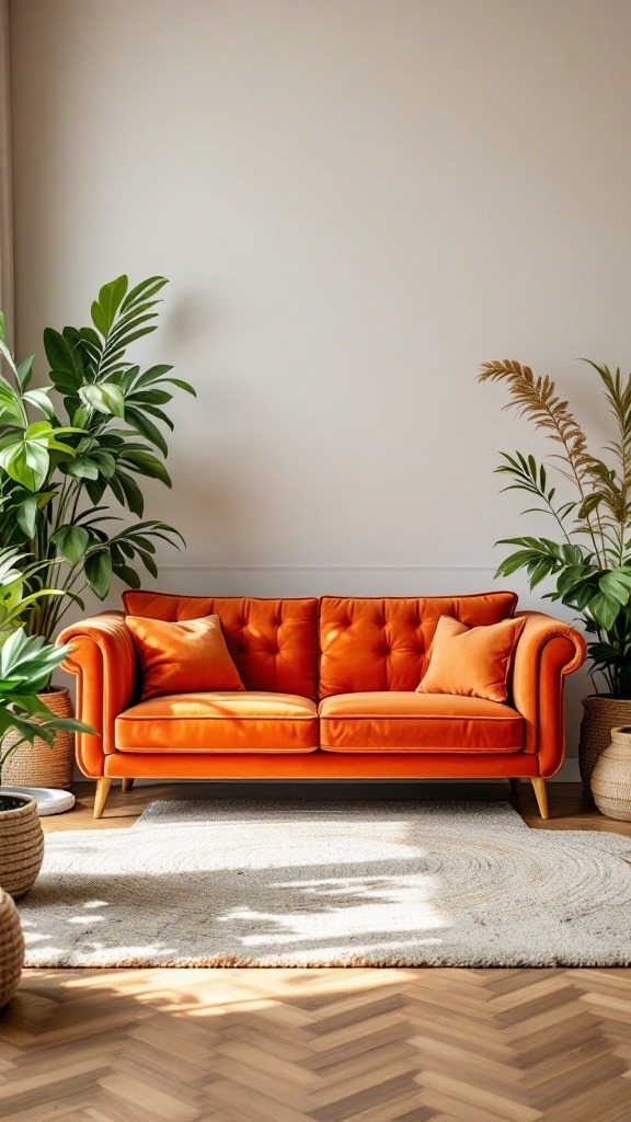 Orange velvet sofa in a living room with plants