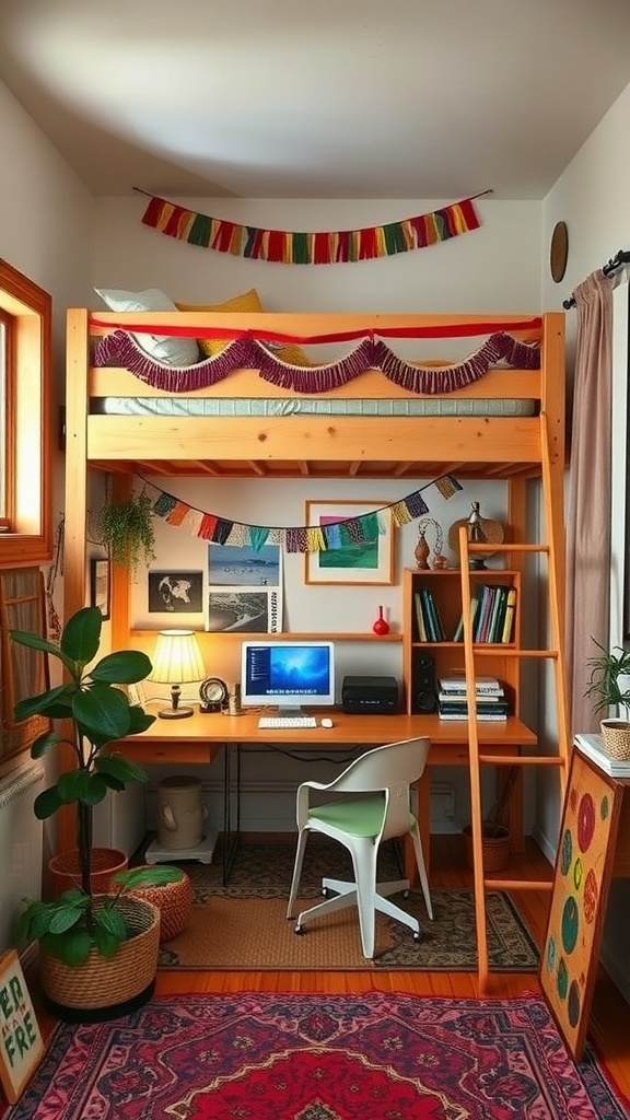 A cozy bedroom featuring a lofted bed with colorful decorations, a desk below, and plants.