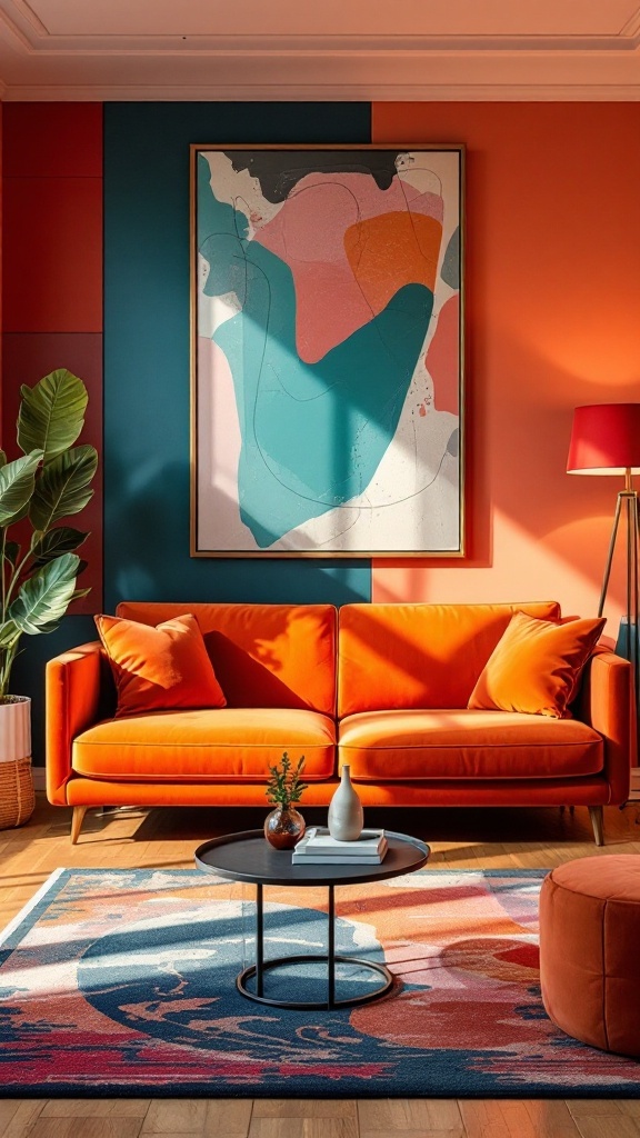 Living room featuring an orange velvet sofa with colorful wall art and decor.