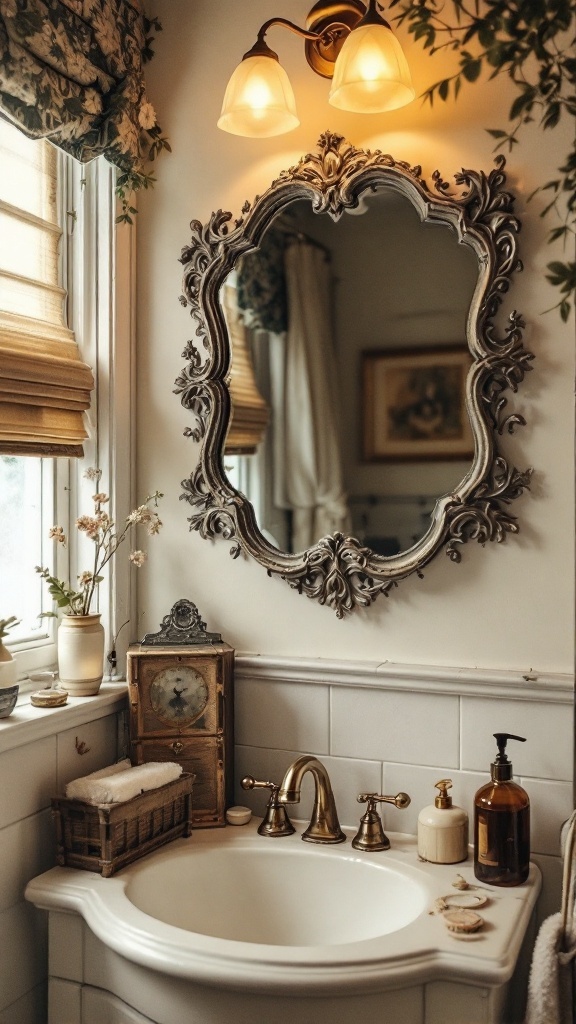 A cozy bathroom featuring vintage accessories such as an ornate mirror, an antique clock, and a lovely floral arrangement.