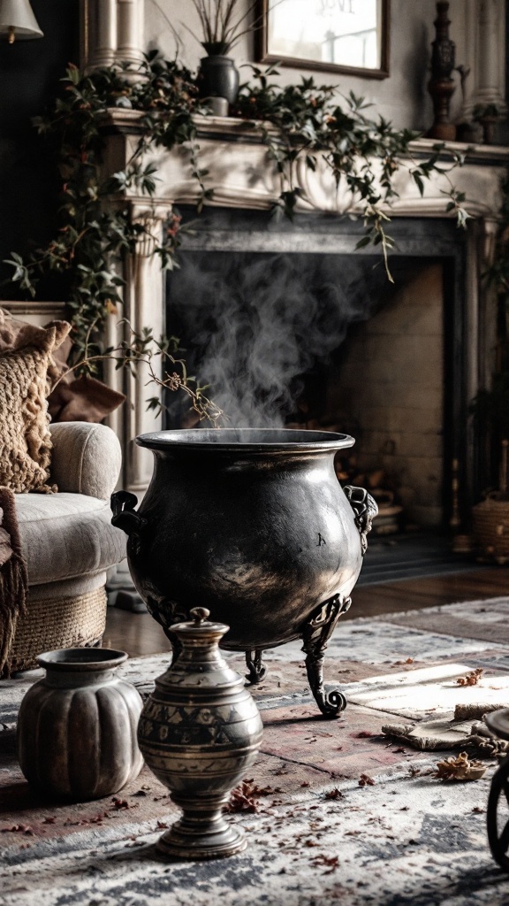 A vintage black cauldron with steam, surrounded by decorative items, creating a cozy living room atmosphere.
