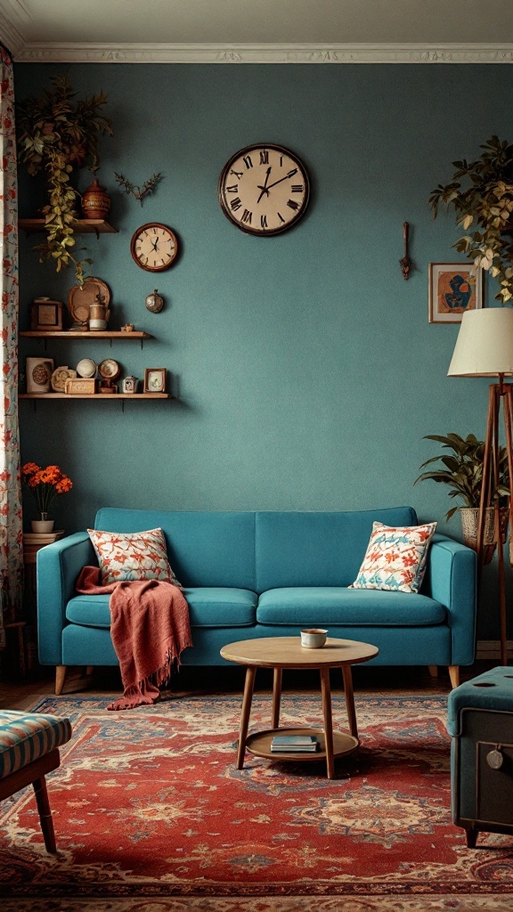 A cozy vintage living room featuring a bright blue sofa, colorful pillows, and a rich rug