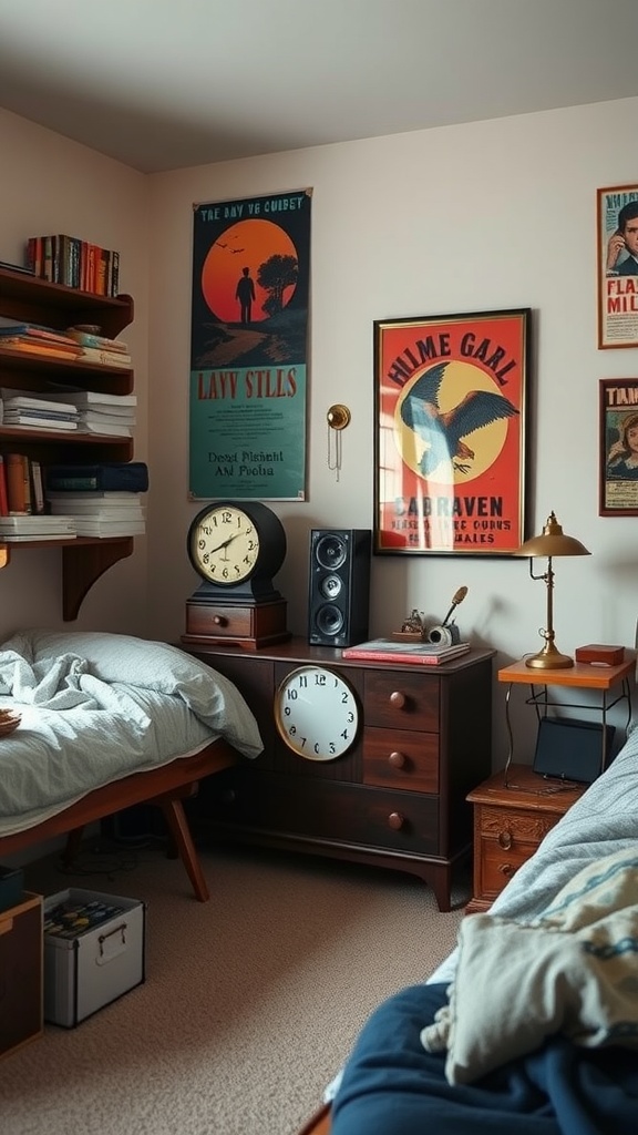 A cozy dorm room featuring vintage decor elements like retro posters and antique clocks.
