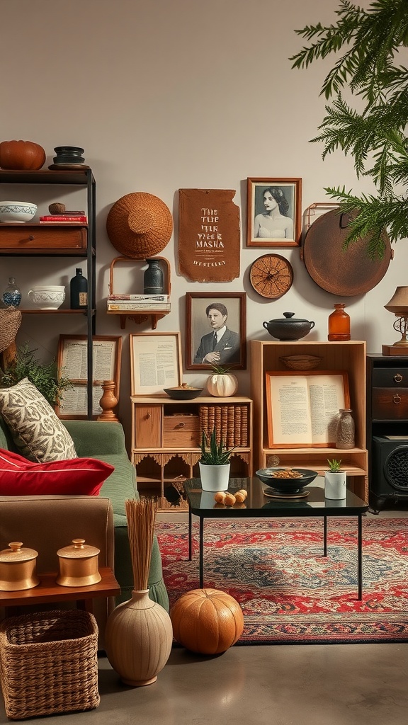 A cozy living room featuring vintage earthy decor with wooden shelves, plants, and warm tones.