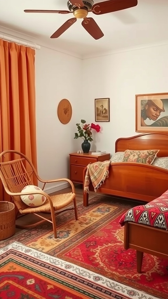 A cozy boho style bedroom featuring vintage rattan furniture and warm colors.