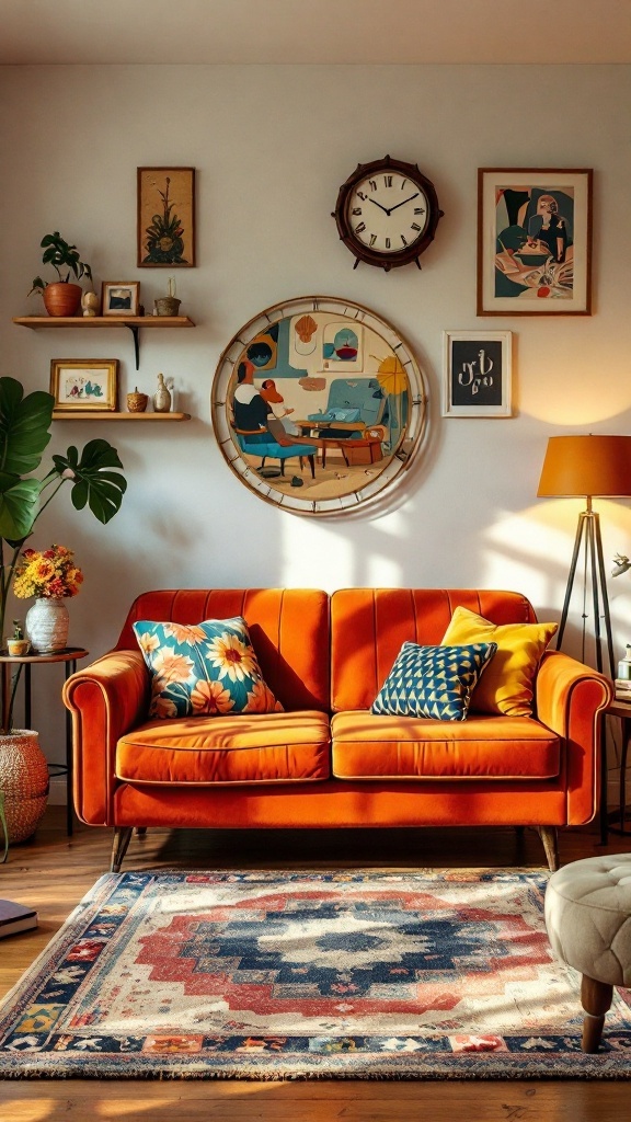 A vintage retro living room featuring an orange velvet sofa with colorful pillows, a round wall clock, and eclectic artwork.