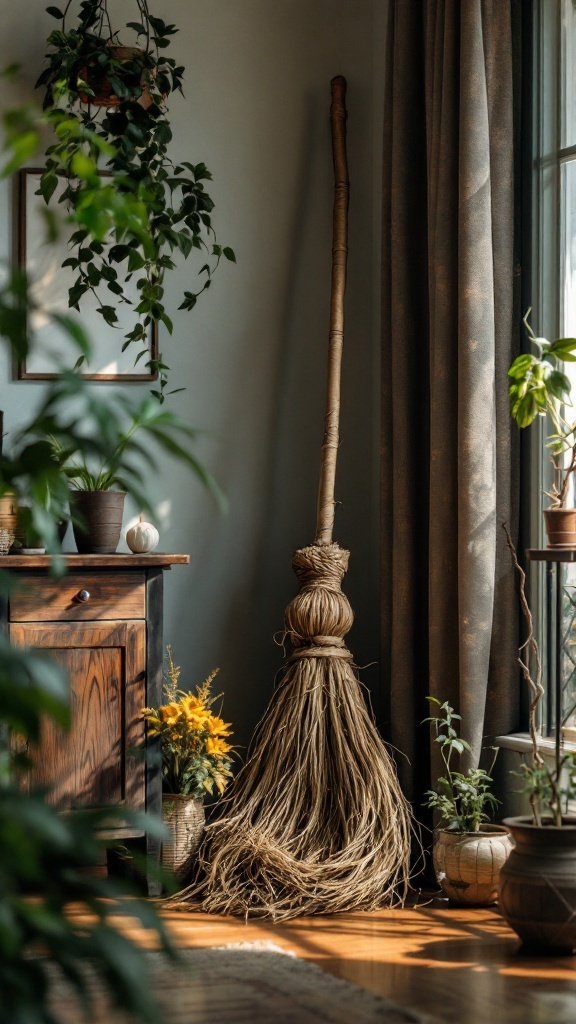 A vintage witches' broom leaning against a wall in a cozy living room with plants.