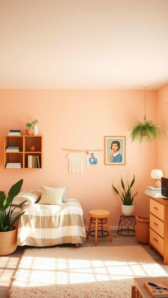 A cozy dorm room featuring a warm color palette with peach walls and soft furnishings.