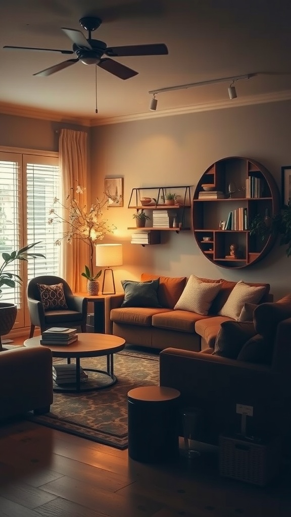 Cozy living room with warm lighting and earth tones