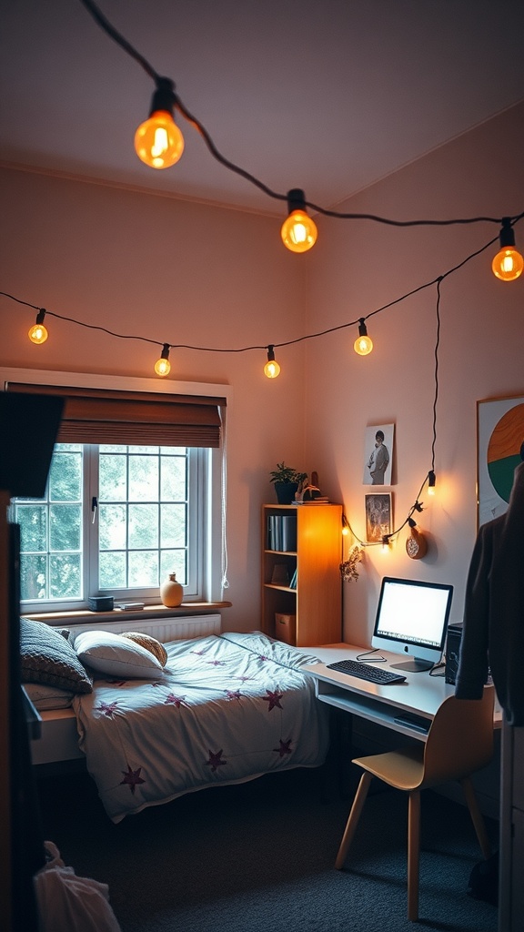 Cozy dorm room with warm string lights