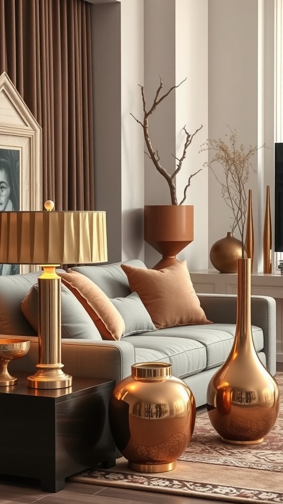 A warm and cozy living room featuring brown and earth tones with metallic accents.