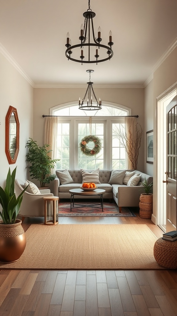 A cozy living room with earth tones, featuring a welcoming entryway.