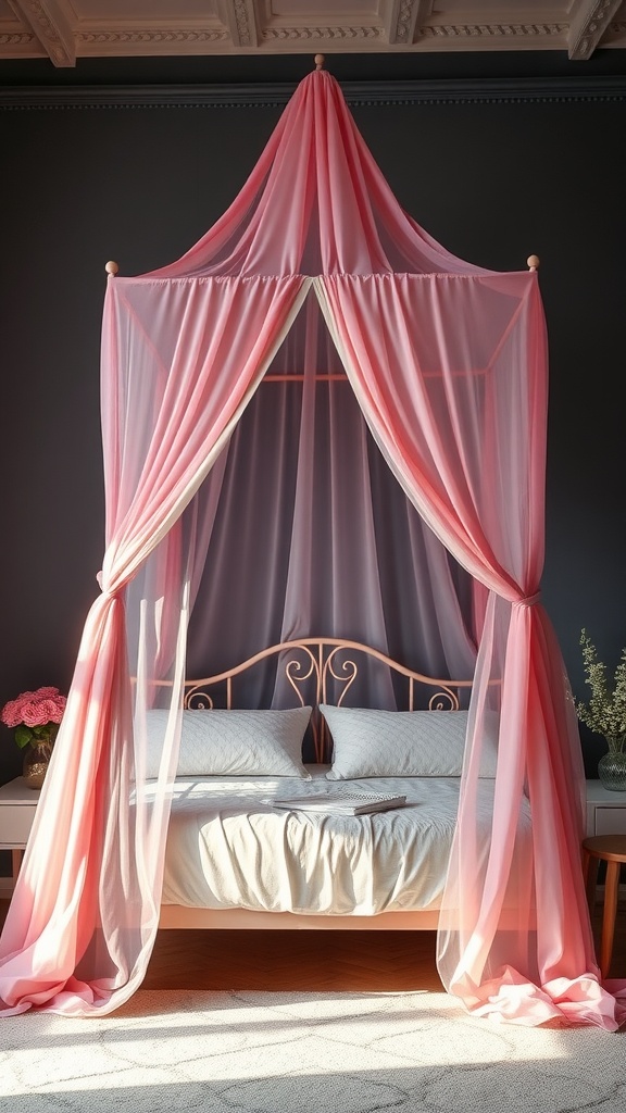 A whimsical canopy bed draped in soft pink fabric, featuring a delicate design and inviting atmosphere.