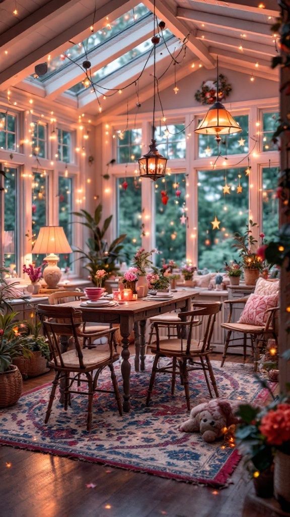 A whimsical sunroom dining area with twinkling lights and cozy decor.