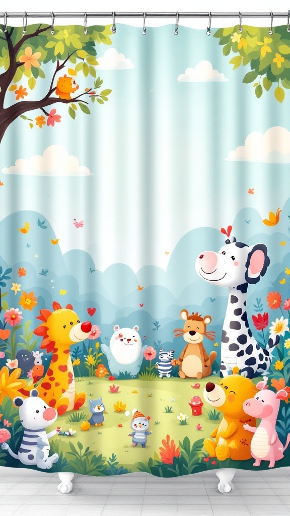 A whimsical shower curtain featuring colorful cartoon animals in a cheerful outdoor scene.