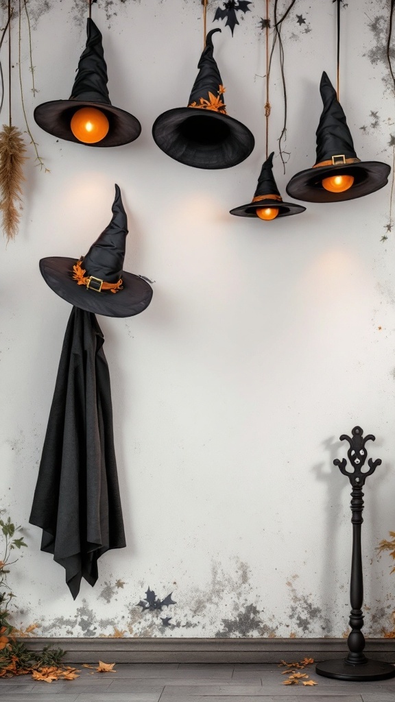 A collection of black witch hats hanging on a wall, some with lights inside, and a black coat stand in a witchy themed living room.